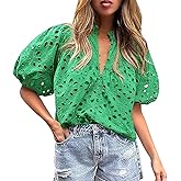 Green Eyelet Tops for Women Summer Tops Embroidered Button Down Shirt Hollow Out Half Puff Sleeve Blouse