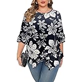 Beauhuty Plus Size Tops for Womens Tunic Ruffled Hem Crew Neck T-Shirts Casual Flowy Blouses 3/4 Ruffle Sleeve