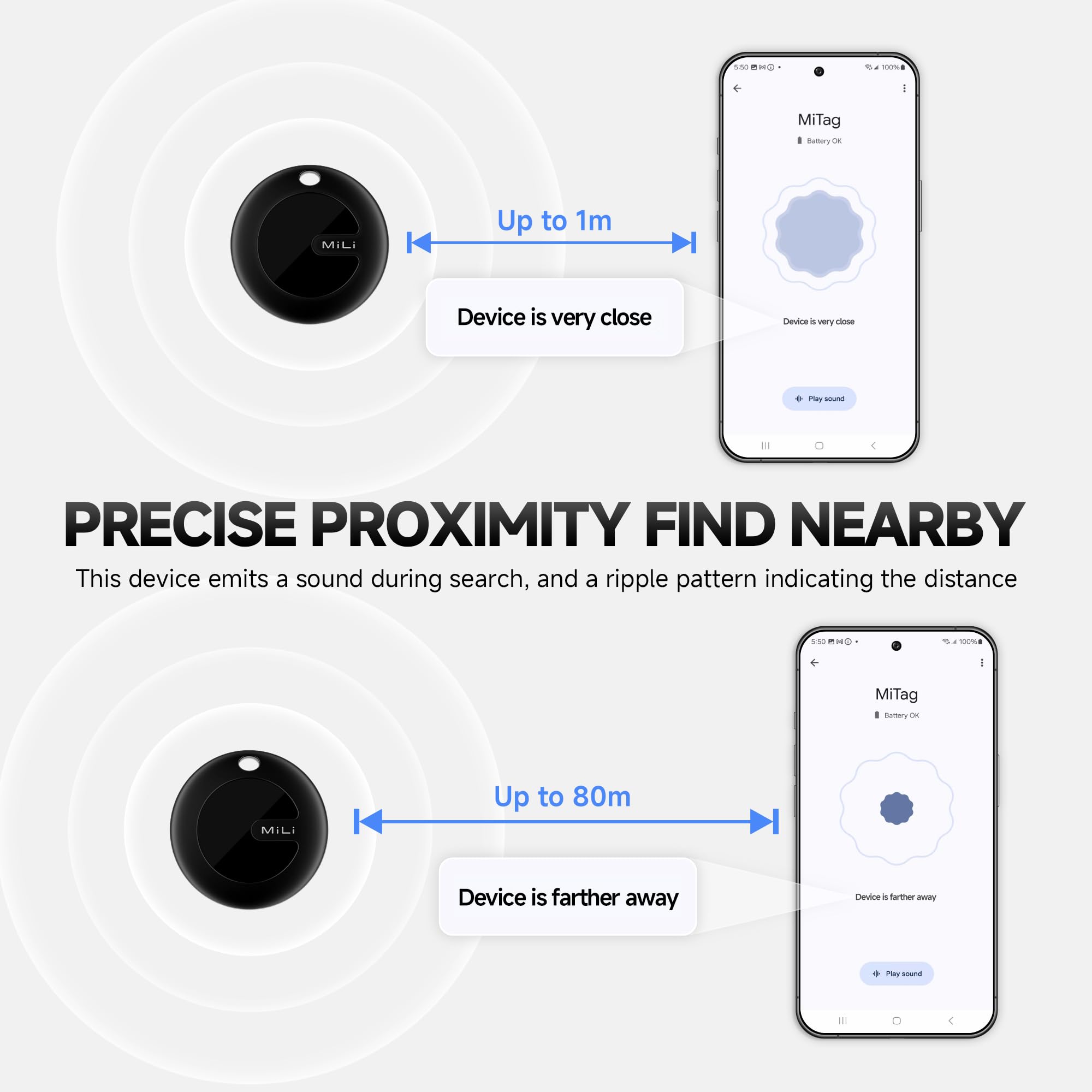 MiLi MiTag Bluetooth Tracker for Android, Google Certified Key Finder/Luggage Tracker/Item Locator, Smart Tracking Tag for Google Find My Device (Find Hub) App, 4 Pack