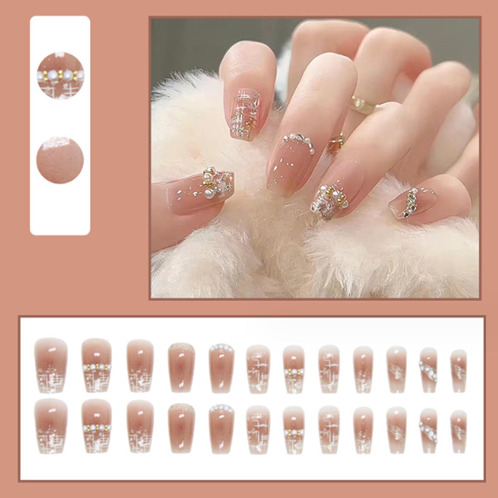 Hkanlre Press on Nails Fake Nails False Nails for Women and Girls 240308 (Nude Lattice) - Image 5