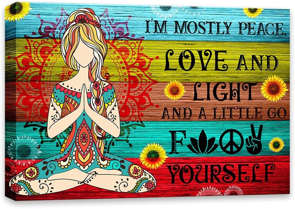 Yoga Hippie Wall Art Canvas Prints I'm Mostly Peace Love and Light and A Little Go F Yourself Poster Paintings Decor Home Picture Unframed Full Size 12"x16" 16"x24" 20"x30" 24"x36"