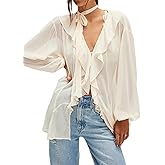 UAURORAO Women Ruffle Sheer Top Long Sleeve See Through Mesh Blouse Tops Oversized Flowy Chiffon Tunic Shirts