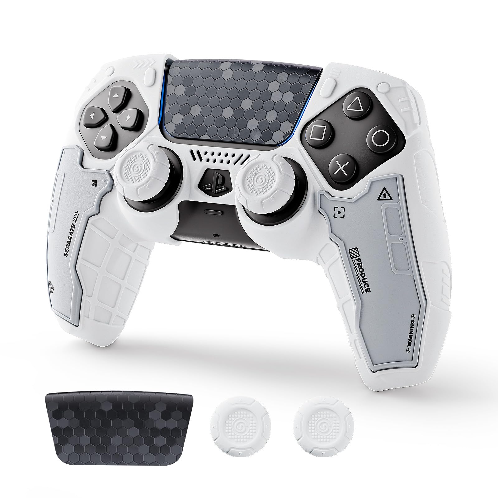 Geekshare G.S.TAC Tactical Compatible with PS5 Controller Skin Set, Tactical Silicone Cover for PS5 Wireless Controller with 2 Thumb Grips & 2 Stickers for Monster Hunter Wilds - White