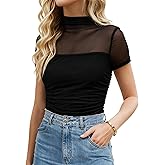 Jenbou Mesh Top Women Mock Turtleneck Short Sleeve Tops Ruched Sexy Going Out Outfit Shirts
