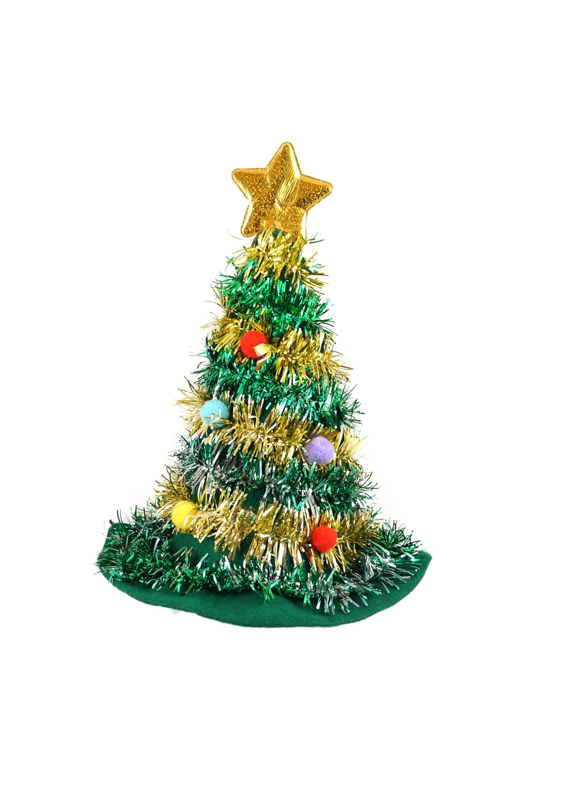 Henbrandt 1 x Adult Christmas Tree Hat with Tinsel and Gold Star Topper 43cm | 17inch Christmas Holiday Party Headwear Fun Gift Xmas Fancy Dress Costume Accessory Novelty Hats for Men and Women