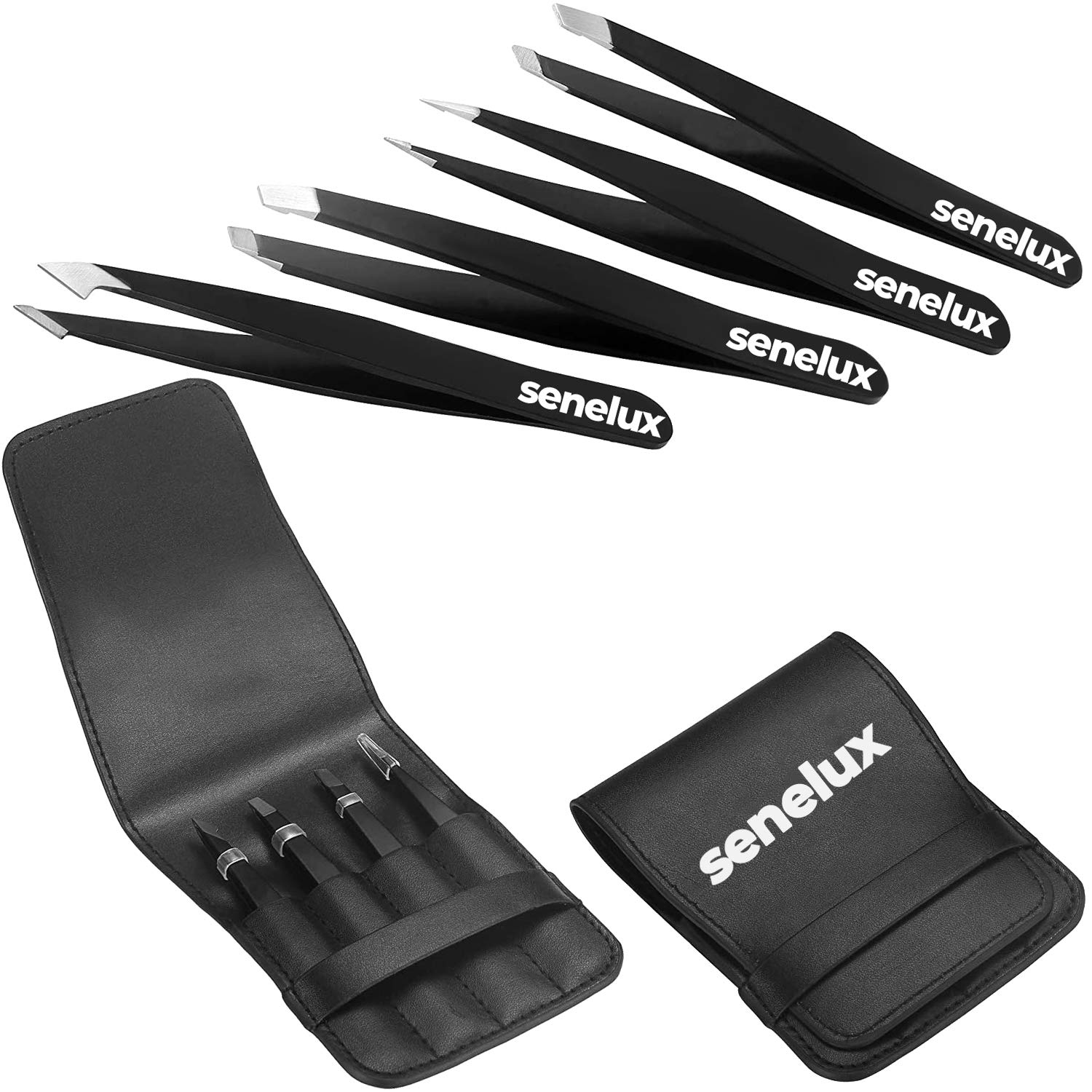 Tweezers Set - Senelux 4 Pcs Professional Stainless Steel Tweezers, Best Precision Tweezers for Eyebrows - Great Precision for Facial Hair, Ingrown Hair, Splinter, Blackhead and Tick Remover (Black)