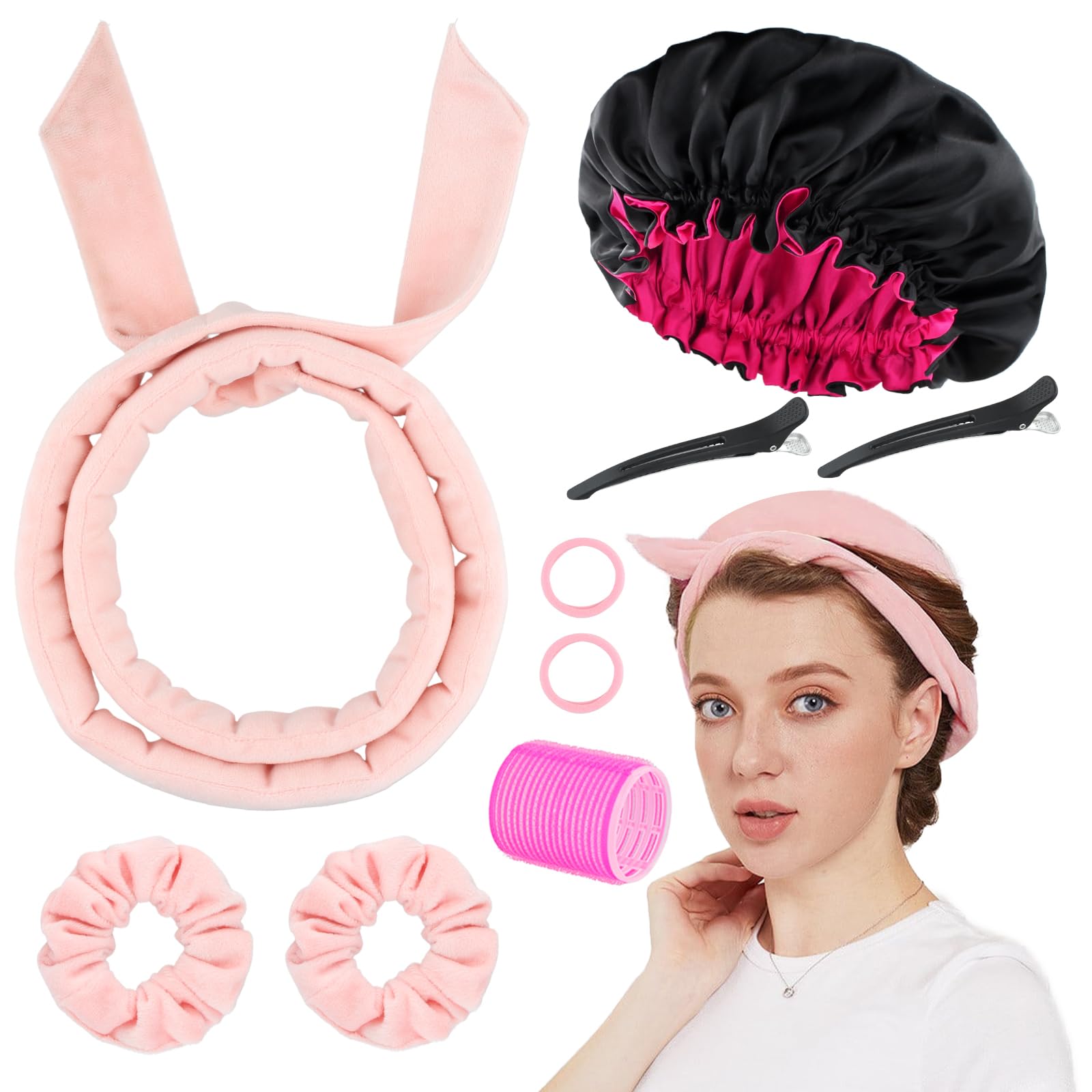 9 PCS Heatless Curlers Headband Set, Soft Velour Heatless Curls, Overnight Heatless Hair Curling, Hair Curlers No Heat for Short & Long Hair (Pink, 9Pcs)
