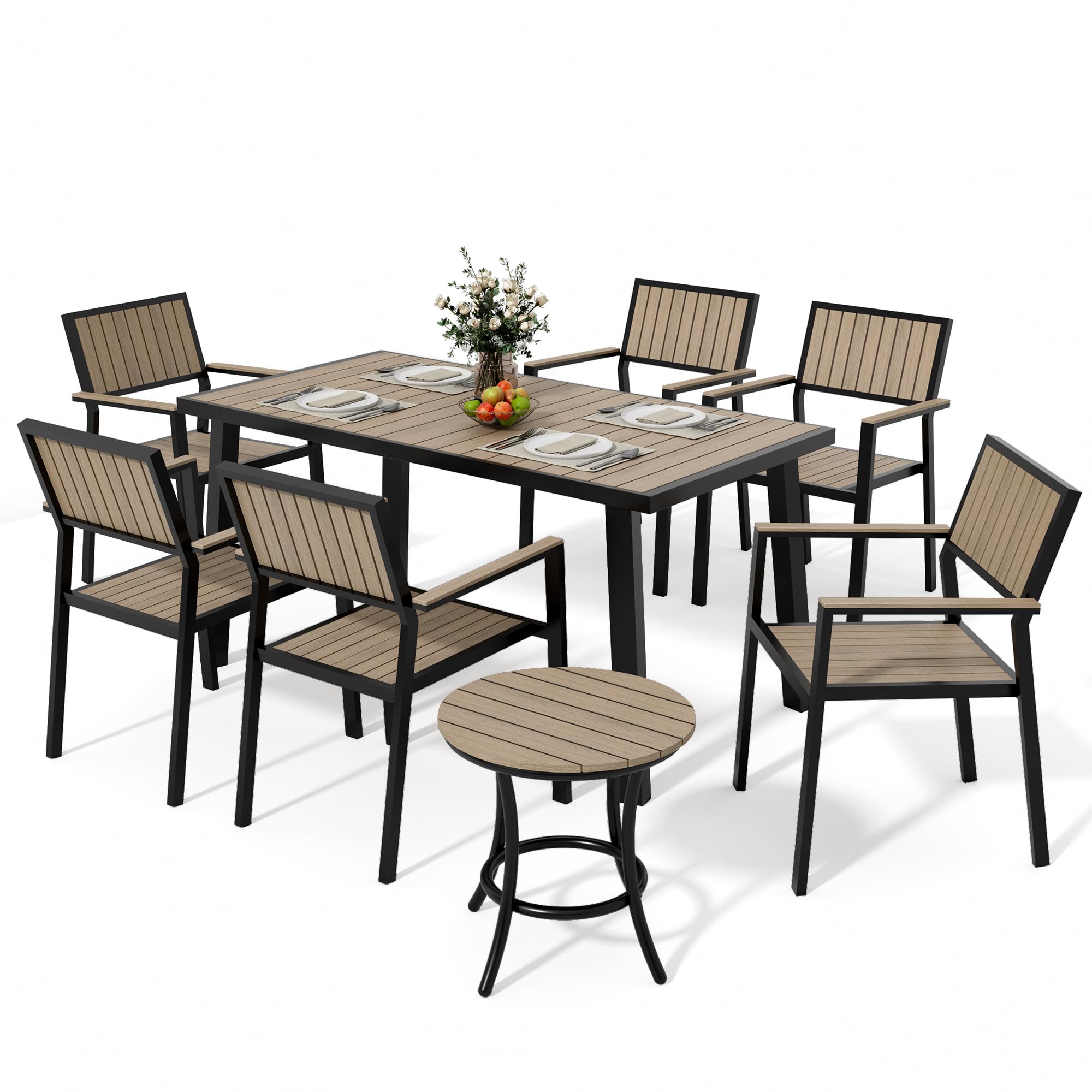Photo 1 of ****CHAIRS ONLY***PATIOPIA 8-Piece Patio Dining Set, Outdoor Weather-Resistant Plastic-Wood Table & 6 Stackable Chairs, Outdoor Durable Aluminum Frame Furniture for Garden, Poolside, Backyard, Walnut
