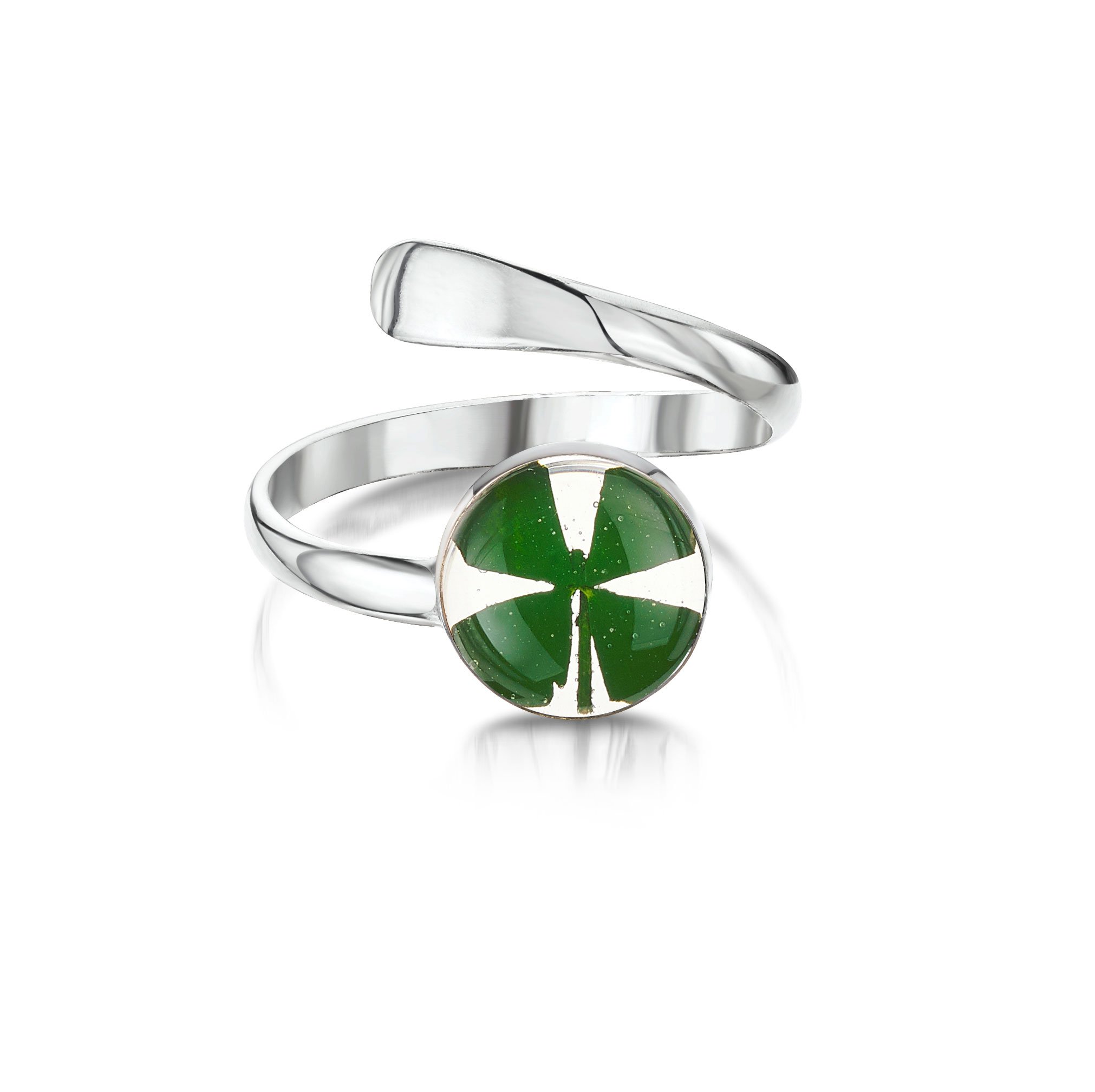 Shrieking Violet 925 Sterling Silver Round Real Flower Ring - Four-Leaf Clover (Green)