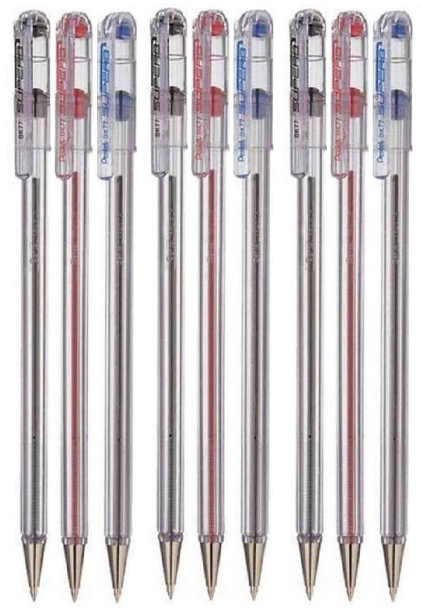 Pentel Assorted Colour Pack Superb Ballpoint Pen Ball Point Pens 0.7mm Nib Tip 0.25mm Line Width Fine Line Refillable Ink BK77 (3 Of Each Colour - 9 Pens - Black Blue Red)
