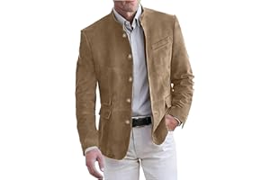 DRCUIVS Men's Faux Suede Blazer Mandarin Collar 5 Button Business Suit Jacket