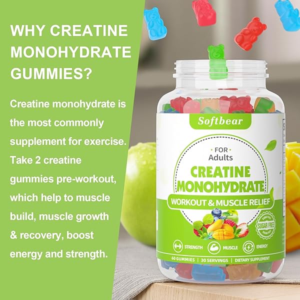 SOFTBEAR CREATINE MONOHYDRATE GUMMIES FOR MEN WOMEN, VEGAN CREATINE SUPPLEMENT 5000MG CREATINE HCL PRE WORKOUT GUMMIES FOR MUSCLE BUILDER STRENGTH MIXED FLAVOR 120 COUNT