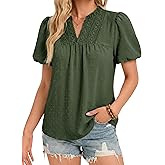 Funlingo Womens Boho Tops Summer Short Puff Sleeve V Neck Blouses Dressy Casual Flowy Swiss Dot Lace Crochet Shirts