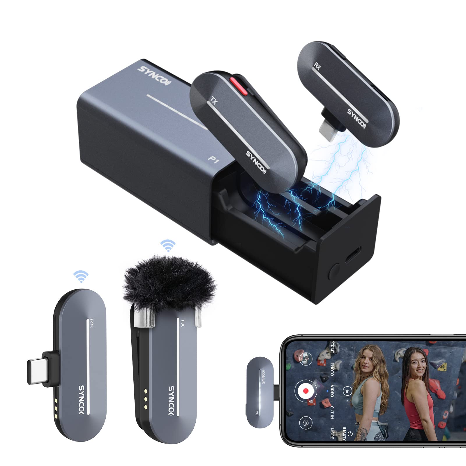 SYNCO Wireless Lavalier Microphone, P1ST 2.4GHz Lapel Mic with Charging Case for Type C USB C Smartphone YouTube TIK Tok Live Streaming Recording Podcast, Wireless-Lavalier-Microphone-Lapel
