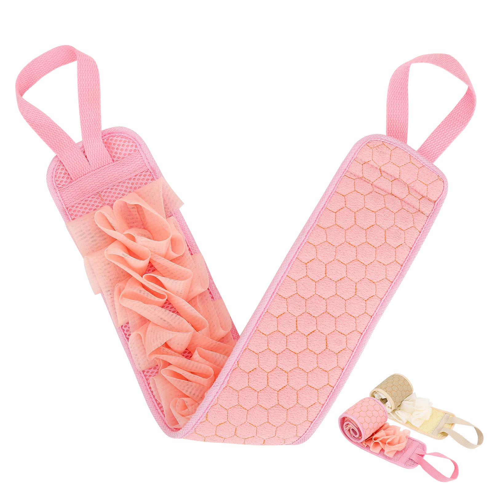 Beno Back Scrubber (2 Packs, Pink+Beige) Loofah Shower Brush, 31.5 inches/80 cm Super Long Exfoliating Loofah Sponge Bath Brush Body Scrubber, Deep Clean Double Side Used Loofah for Men and Women