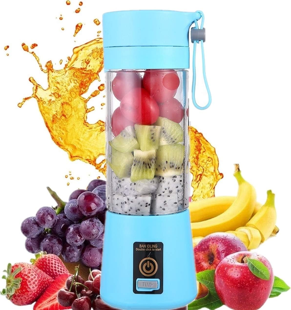 HANBO Electric Portable Juicer Blender Cup, Household Fruit Mixer with Six Blades in 3D, 380ml USB Rechargeable Juice Blender Magnetic Secure Switch Electric Fruit Mixer (Light Blue)