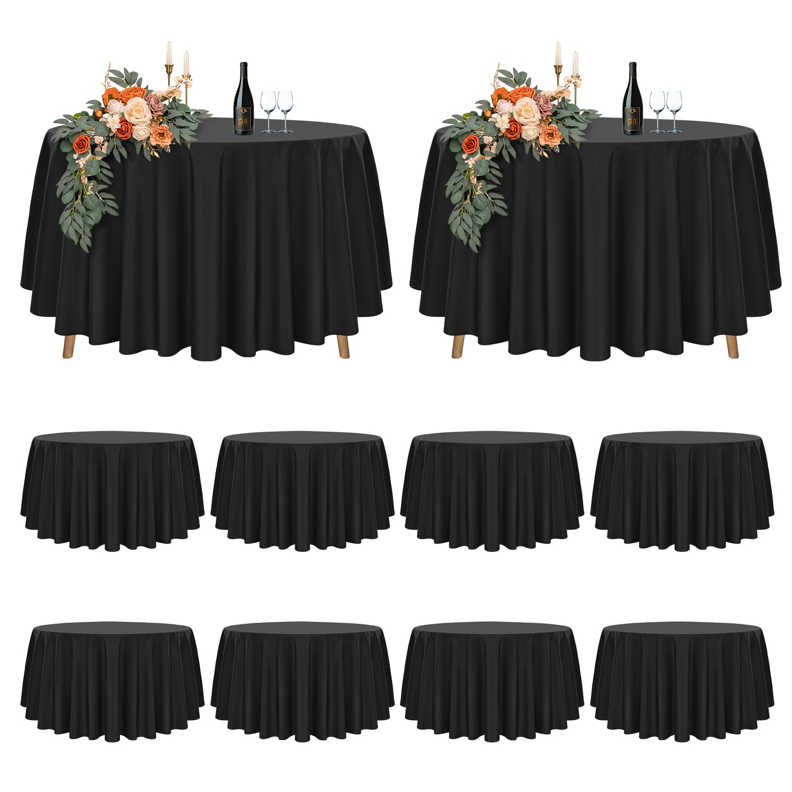 Photo 1 of 10 Pack Black Round Tablecloth 120 inch Round Table Cloth Polyester,Black Tablecloths for Round Tables Waterproof Stain Resistant Washable Table Cover in Bulk for Wedding Party Buffet Camping