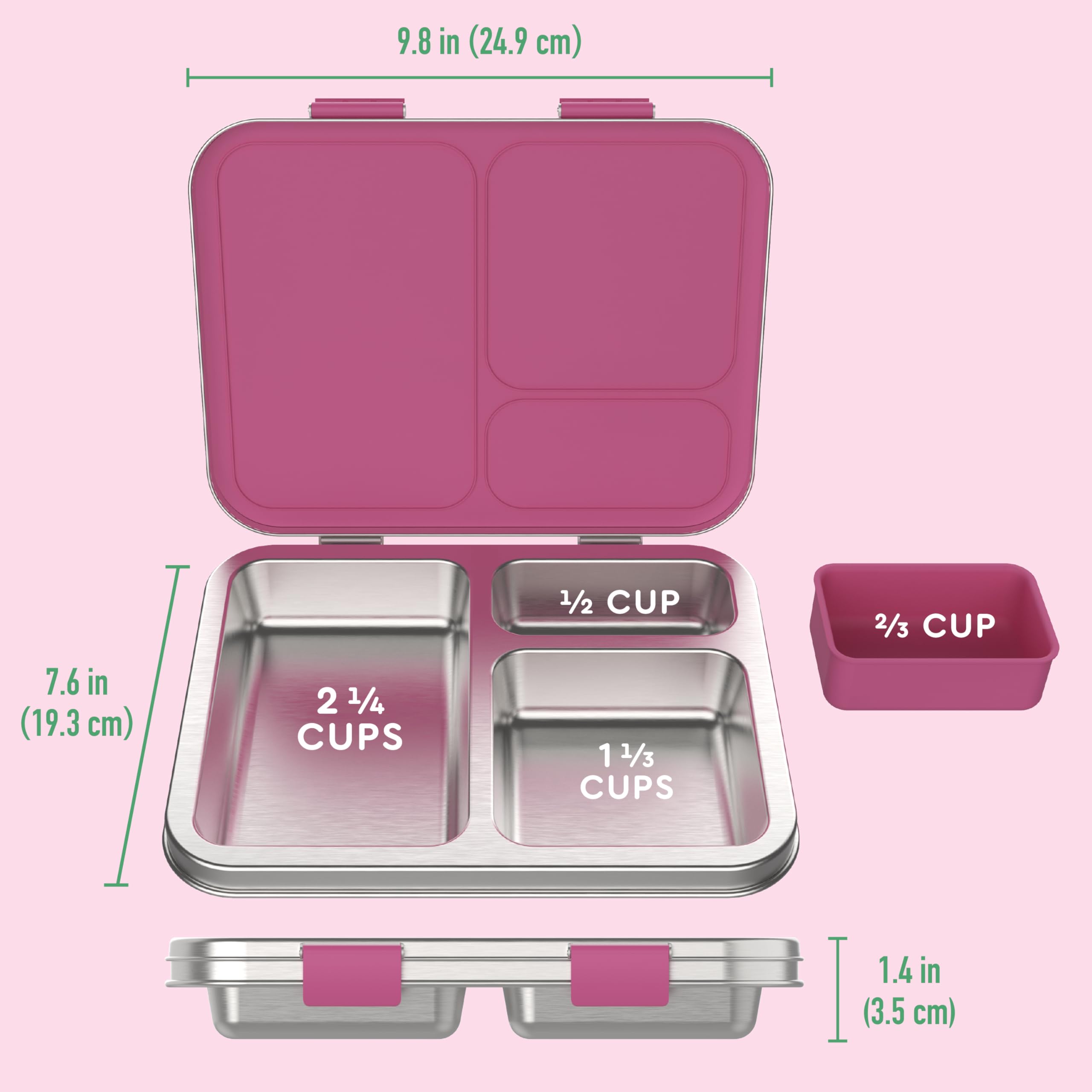 Bentgo Kids Stainless Steel Leak-Resistant Lunch Box - 3-Compartments with Bonus Silicone Container, Durable, Eco-Friendly, Dishwasher Safe, BPA-Free, Ideal for School, Ages 3+ (Fuchsia)