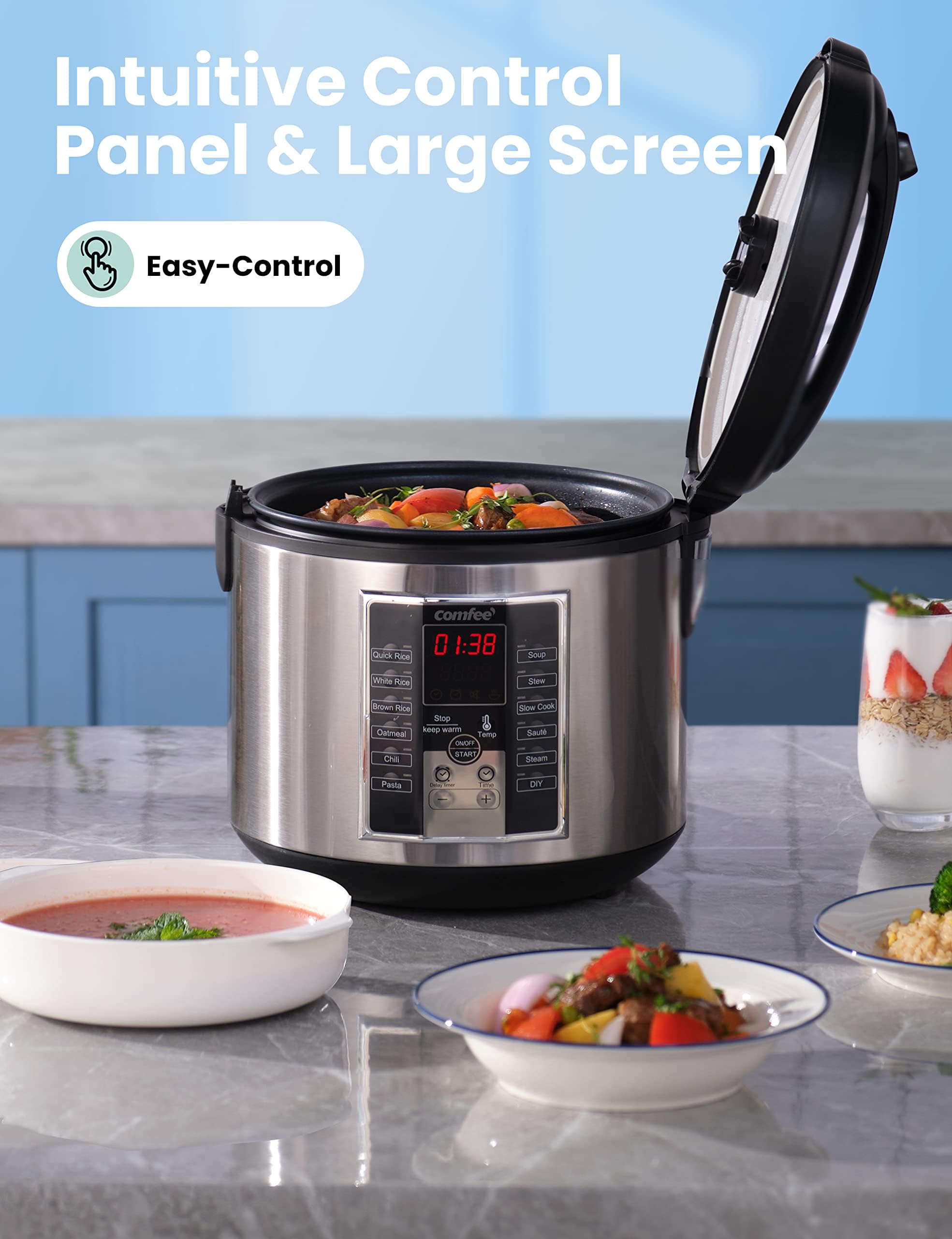 COMFEE' Rice Cooker, Slow Cooker, Steamer, Stewpot, Sauté All in One (12 Digital Cooking Programs) Multi Cooker (5.2Qt ) Large Capacity. 24 Hours Preset & Instant Keep Warm, Black/Silver (MB-M25)