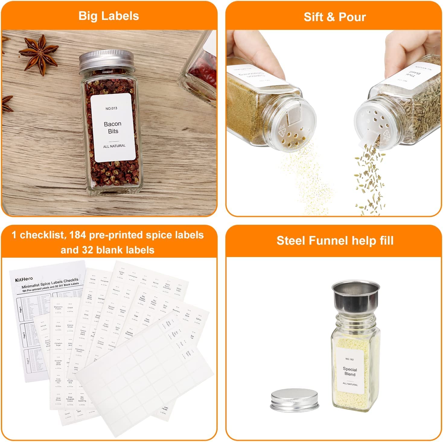 KitHero 4 Pack Magnetic Spice Rack for Refrigerator with 24 Spice Jars, 216 Spice Labels,1 Funnel-Full Set Spice Organizer, Space Saver Seasoning Organizer, Metal Kitchen Organization, Kitchen Gadgets