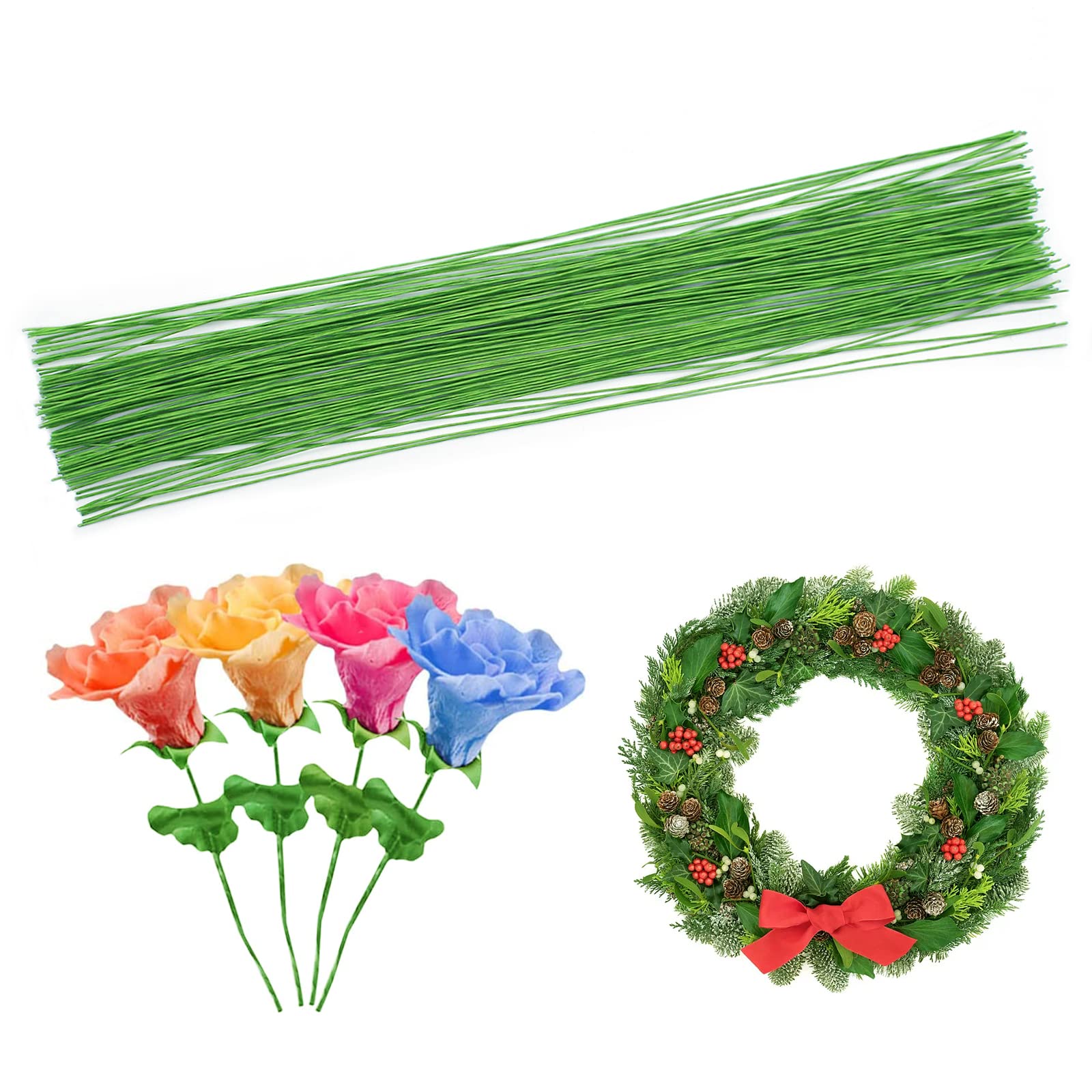 Cinvo Stem Wire - 100 Counts Floral Paper Wrapped 14 Inch 22 Gauge Wire for Flower Arrangements DIY Bouquet Handcrafts (Light Green)