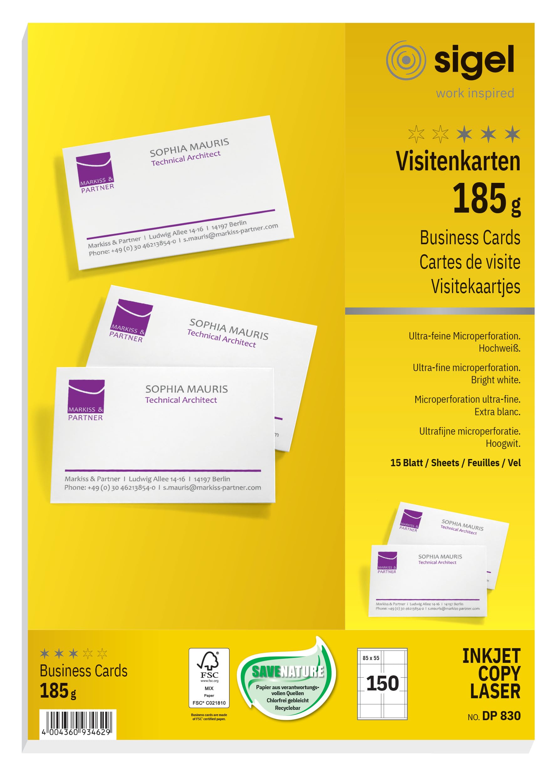 SIGEL DP830, 85x55 mm (A4), Business Cards, mp, 185 gsm, printable, bright White, 150 Piecesequal to15 sheets