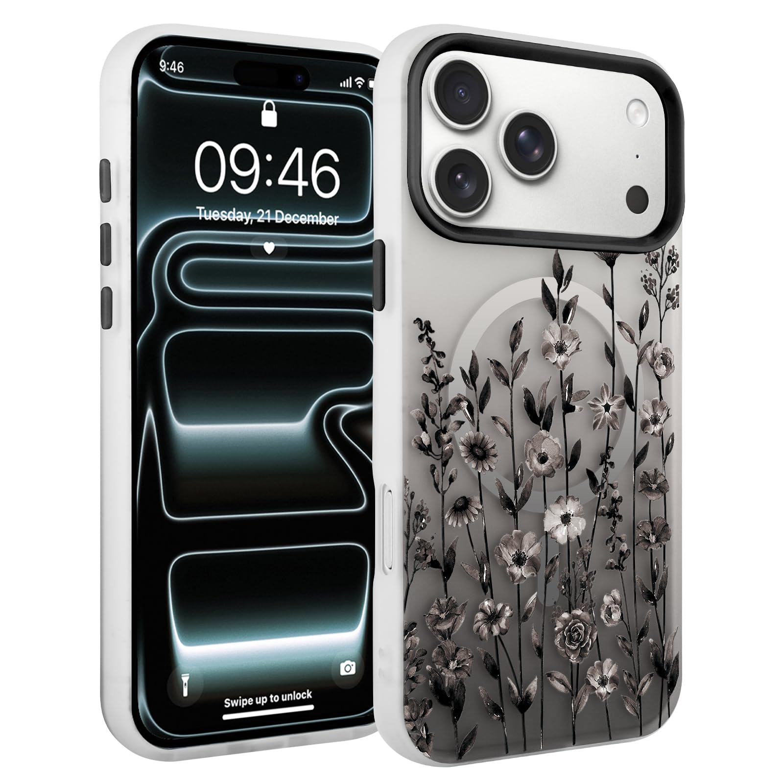 Fsoole Magnetic for iPhone 17 Pro Case [Compatible with MagSafe] Pretty Gradient Flower Floral Pattern Design, Slim Shockproof Jelly Cover for Women Girls, Black