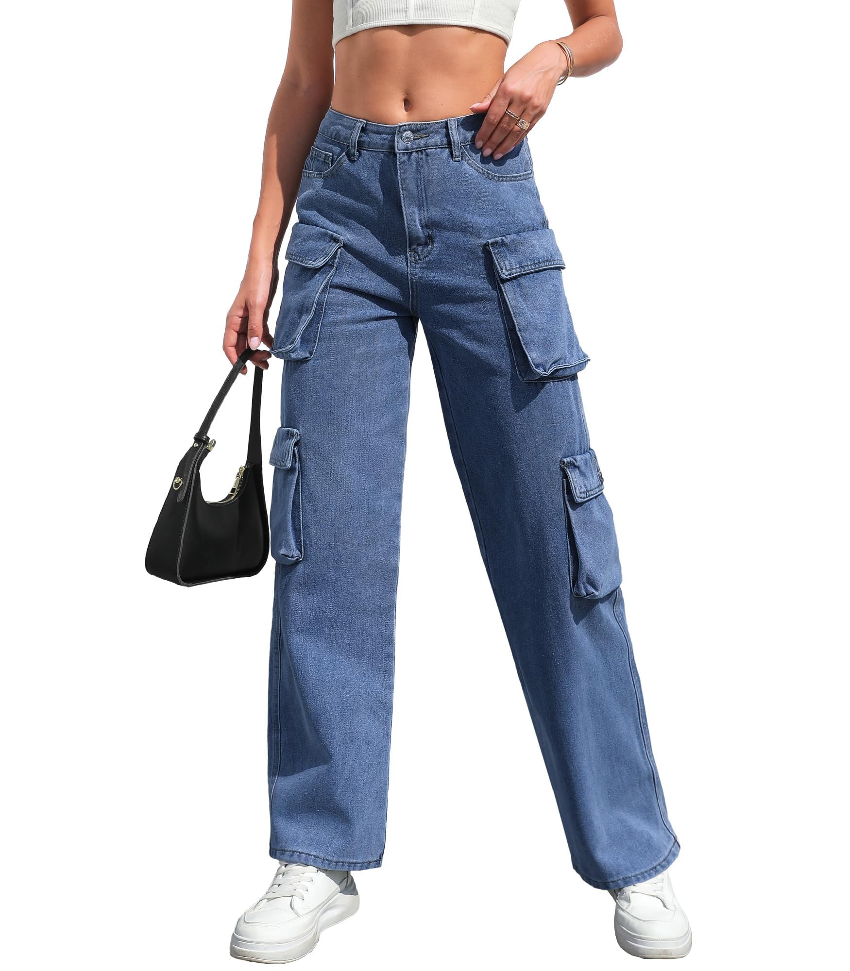 Leopard Waist Cargo Jeans Women Y2k Vintage Pockets Wide Leg Denim Pants