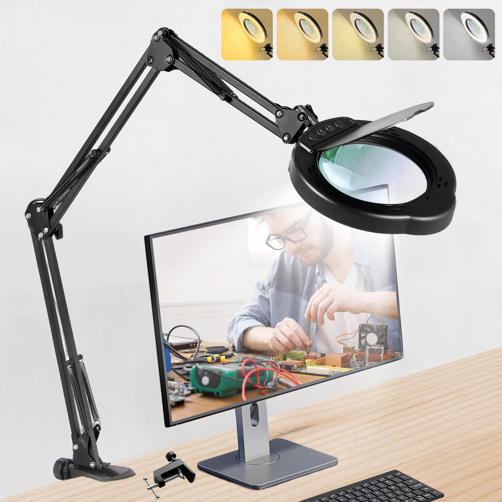 Photo 1 of 12XMagnifying Glass with Light and Stand|Magnifying Lamp with 3-Section Swing Arm,5 Color Modes LED Lighted Magnifier Lamp for Workbench (Black(Ultra Long))