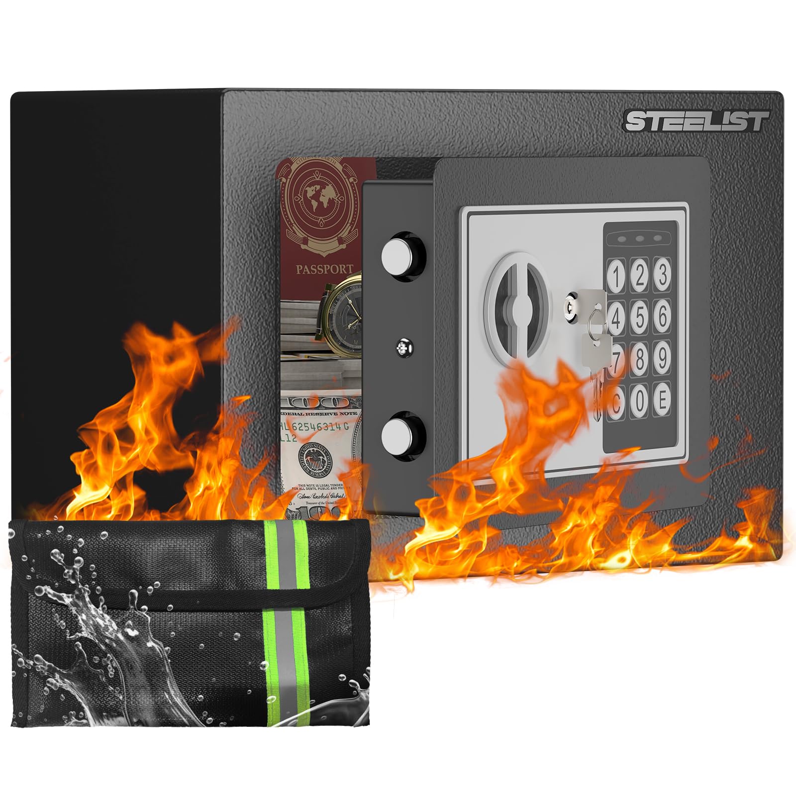 Photo 1 of STEELIST Small Safes with Fireproof Bag, 0.23 Cubic Fireproof Safe for Home, Safety Box with Key, Black Digital Security Safes, Fire Proof Safe for Jewelry, Cash, Personal Box for Hotel, Busines