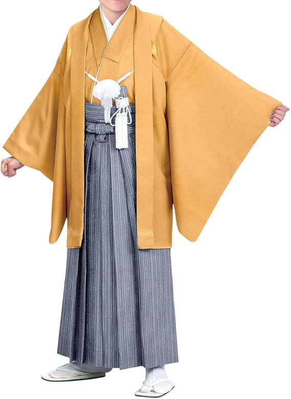 Amazon 京のみやび ジュニア男の子色紋付 着物 袴セット 金茶 白グレー銀縞 13才 ショート丈 袴紐下丈80cm 着物 浴衣 甚平 通販