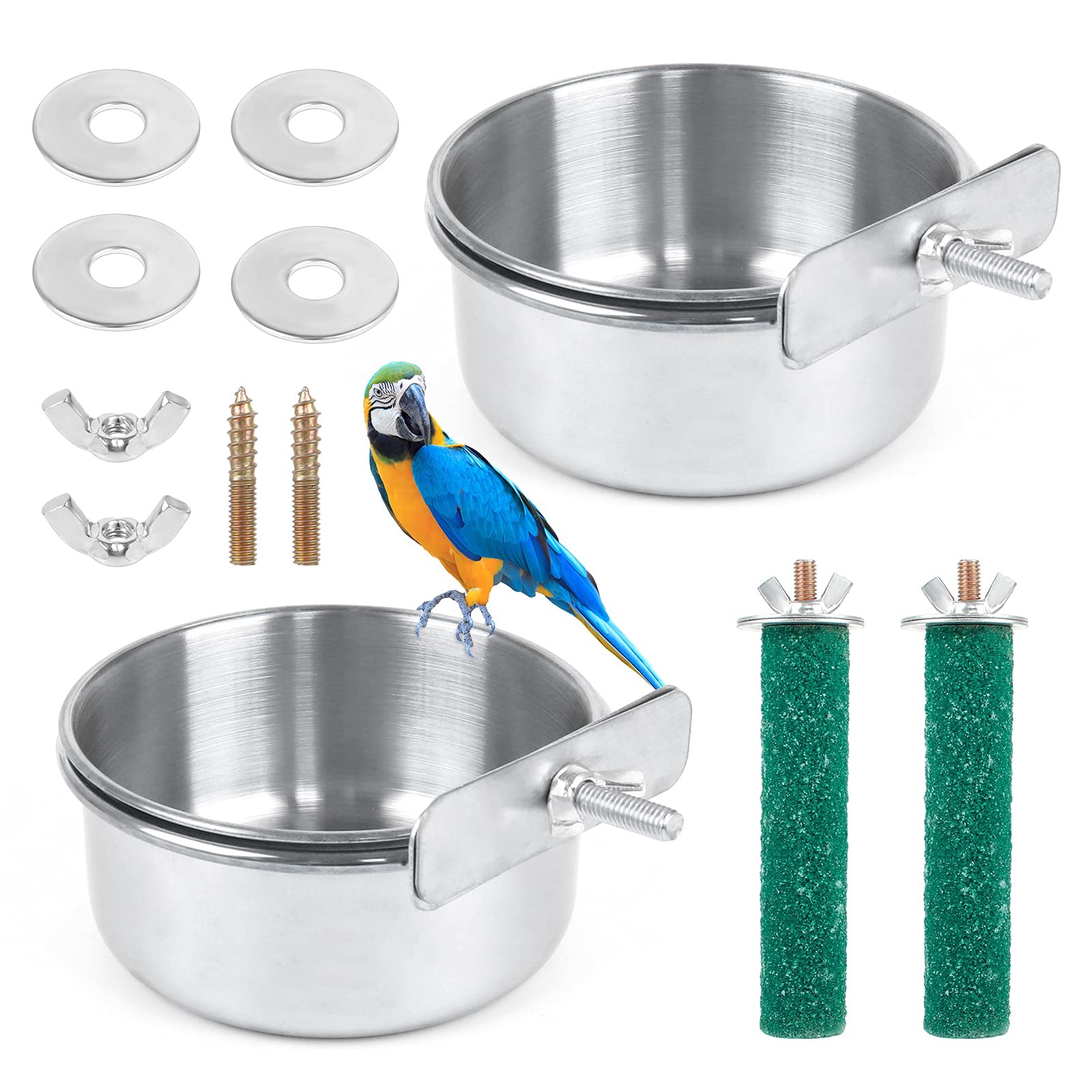 2 Pieces Bird Feeding Dish Cups, Stainless Steel Bird Bowl with 2 Pieces Stand Perch Cage Cup Holder with Clamps Parrot Food Bowl for Cage