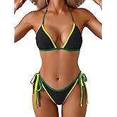Eomenie Sexy Bikini Sets for Women Halter Triangle Top Two Piece Swimsuit Tie Side Bathing Suit Color Block Swimwear