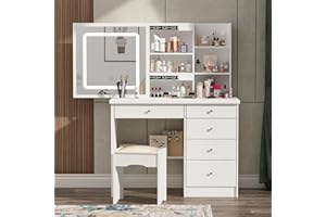 AGOTENI Large Vanity Table Set Makeup Vanity Dressing Table with Mirror, 5 Drawers & Shelves, Dresser Desk and Cushioned Stool Set (White Slidding Lighted Mirror)