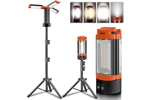 RYLPOINT Rechargeable 12000mAh Camping Light with Adjustable Stand, Cordless Work Light with 3 LED Lamp Heads, 2200 Lumens Dimmable Magnetic Emergency Flashlight with Detachable Tripod, Orange