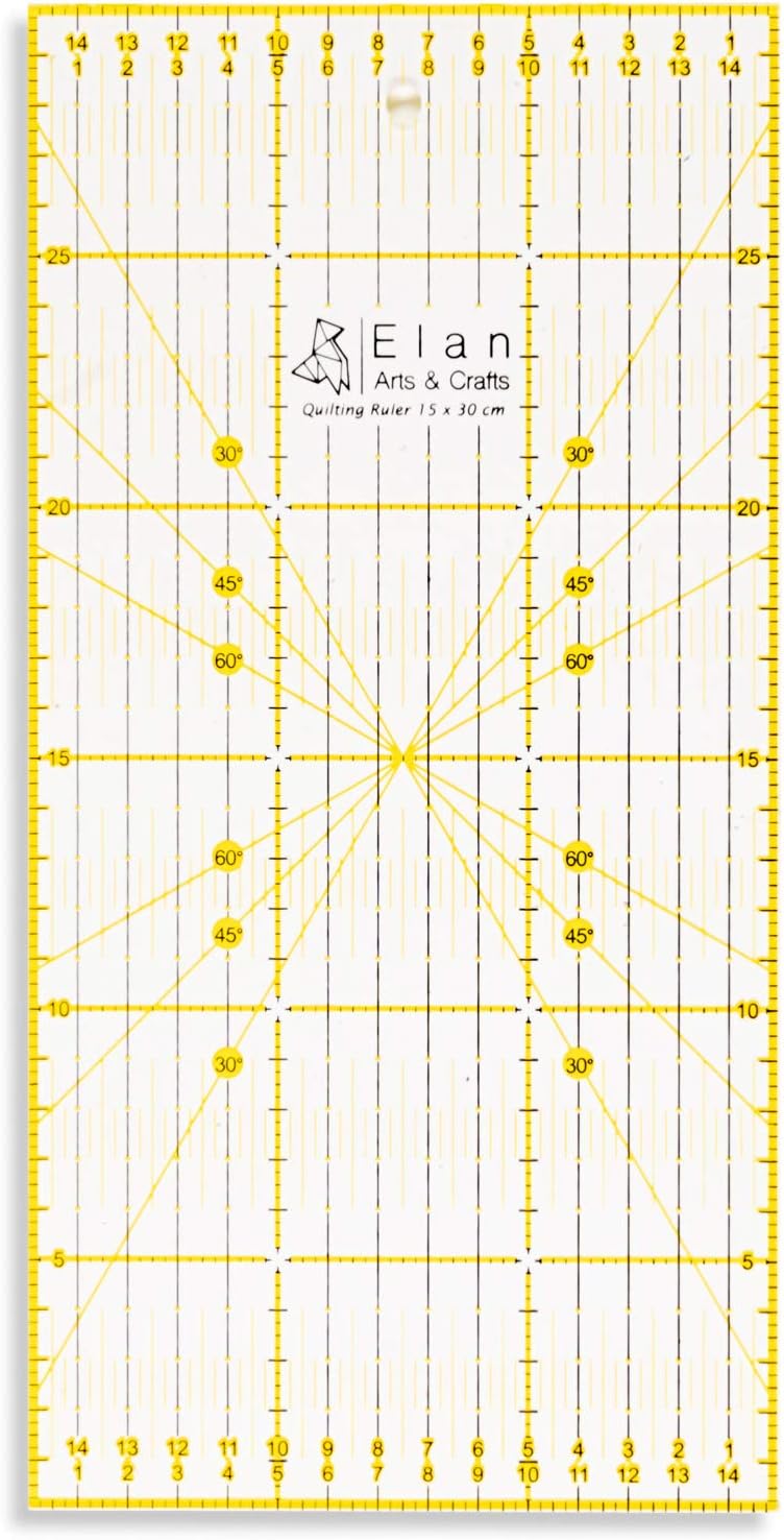 Elan Patchwork Lineal Anti Rutsch 30 cm x 15 cm, Acryl Metrische Lineal 15cm, Patchwork-lineal Non Slip, Quilt-Lineal Nähen, Schneiderlineal Quilten, Schneidelineal, Stoff Lineal, Nähzubehör