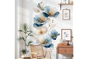 Blue and White Floral Wall Decal Stickers - Removable Large Flower Wall Art,14.9 x 26.7 Inch, Bedroom, Living Room, Entryway 