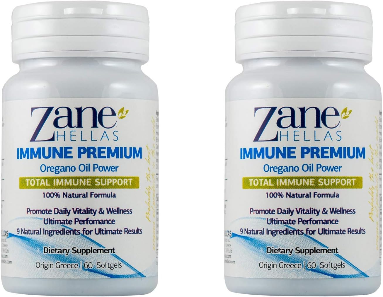 Zane Hellas Immune Premium Softgels. Immune Support. Multiple Defense System. Wellness Support. Provides Strong Antioxidants. 100% Herbal Solution. 120 Softgels. Pack of 2