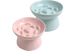 LE SERVETA 2 Pack Ceramic Slow Feeder Cat Bowl, Raised Puzzle Feeder, Anti-Vomiting, Elevated Food Bowl, Whisker Friendly (Blue, Pink)