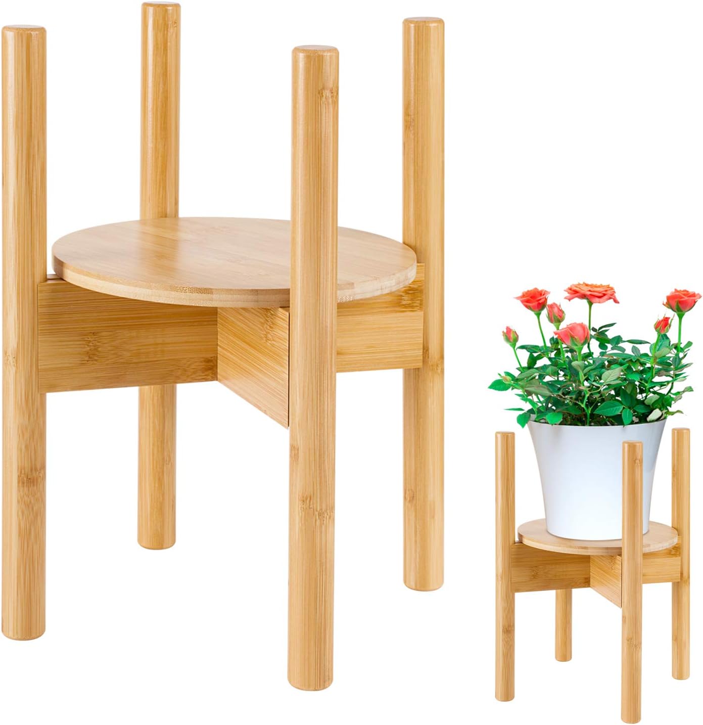 Plant Stand Flower Pot Holder with Tray - Indoor Bamboo Wood Mid Century Modern Plant Holder Display Rack for House Plants, Home Decor,Up to 12 Inches (Plant Pot Not Included)