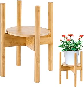Plant Stand Flower Pot Holder with Tray - Indoor Bamboo Wood Mid Century Modern Plant Holder Display Rack for House Plants, Home Decor,Up to 12 Inches (Plant Pot Not Included)