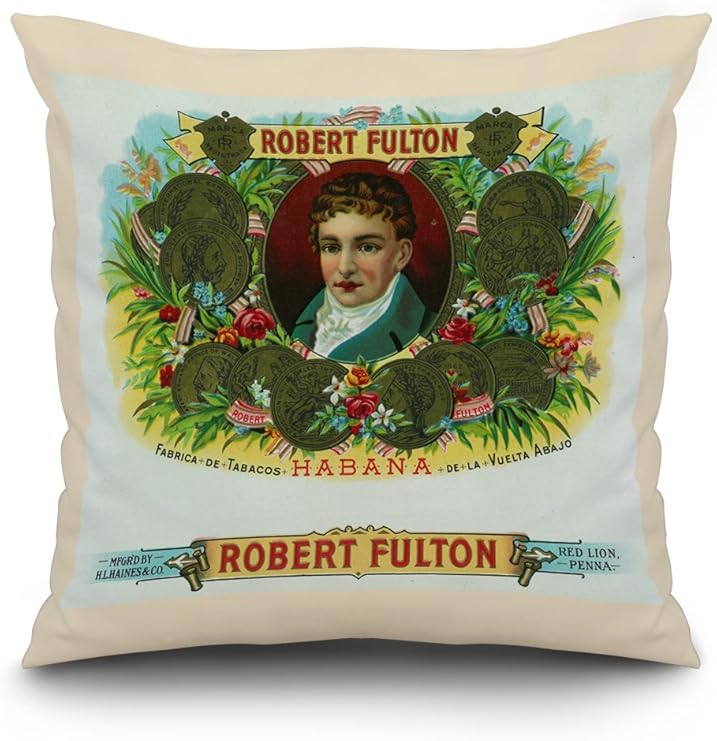 Amazon ロバート フルトンブランドシガーボックスラベル ロバート フルトン Inventorのsteamboat 16 X 16 Pillow Natural Border Lant 3p Pw Nl 16x16 キッチン用品 オンライン通販