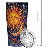 QruKinx Sun and Moon Tumbler 20 oz | Celestial Stainless Steel Travel Mug with Leak-proof Lid and Telescopic Straw | Insulated Cup for Coffee and Tea | Christmas and Birthday Gifts for Men and Women