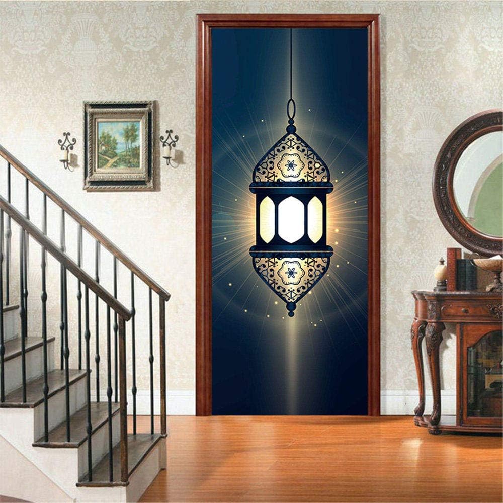 KSYFFS 3D Door Mural Ramadan Blessing Lantern 80 * 200CM Self-Adhesive Removable Waterproof PVC 3D Door Decal Decorative Door Stickers Decor Wall Stickers Wallpaper for Home Poster Office Decor