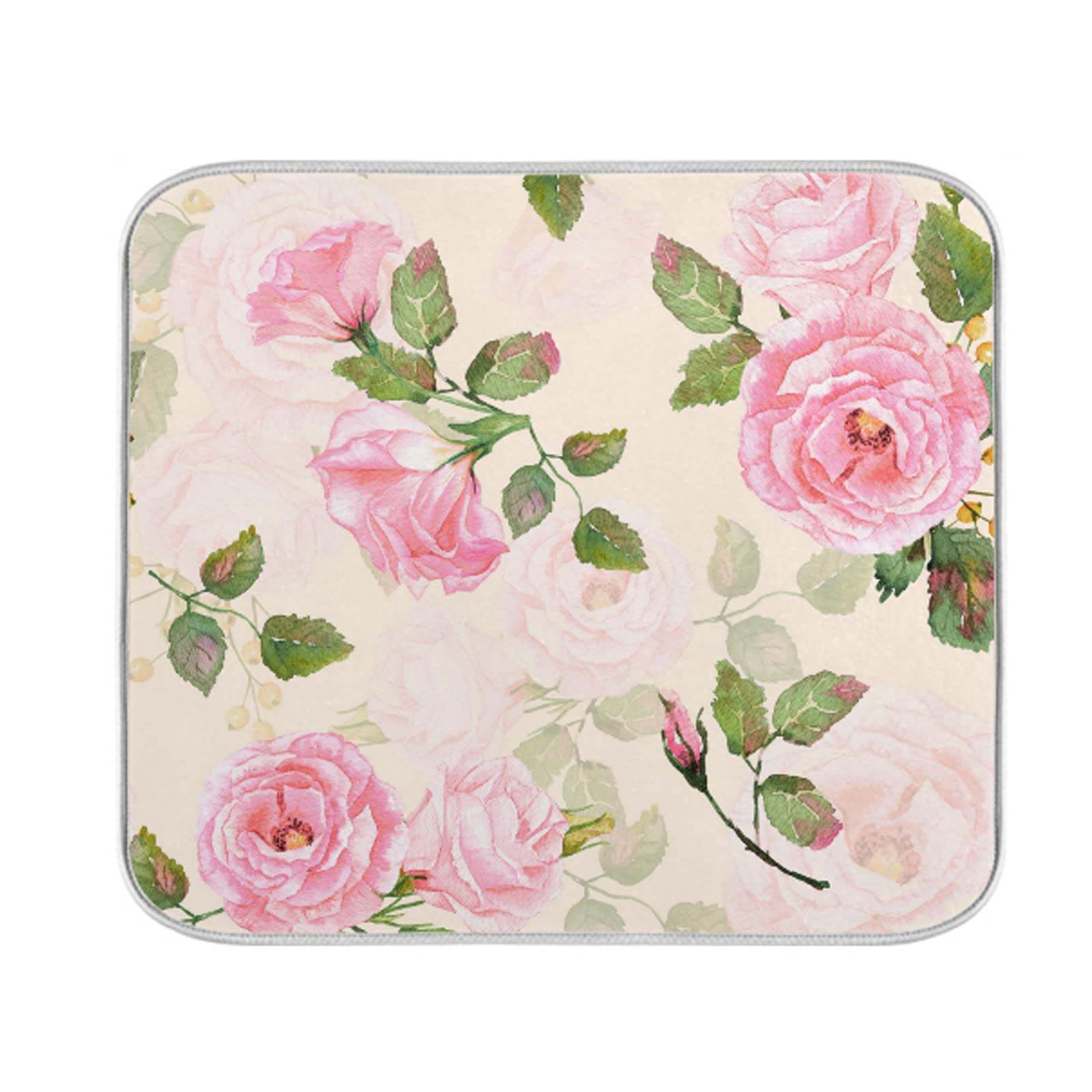 Absorbent Dish Drying Mat Vintage Pink Roses Dishes Drainer Protector Pad Trivet Mat Pot Holder with Hanging Loop for Kitchen Countertops Sinks Refrigerator 40 x 46 CM — image 1