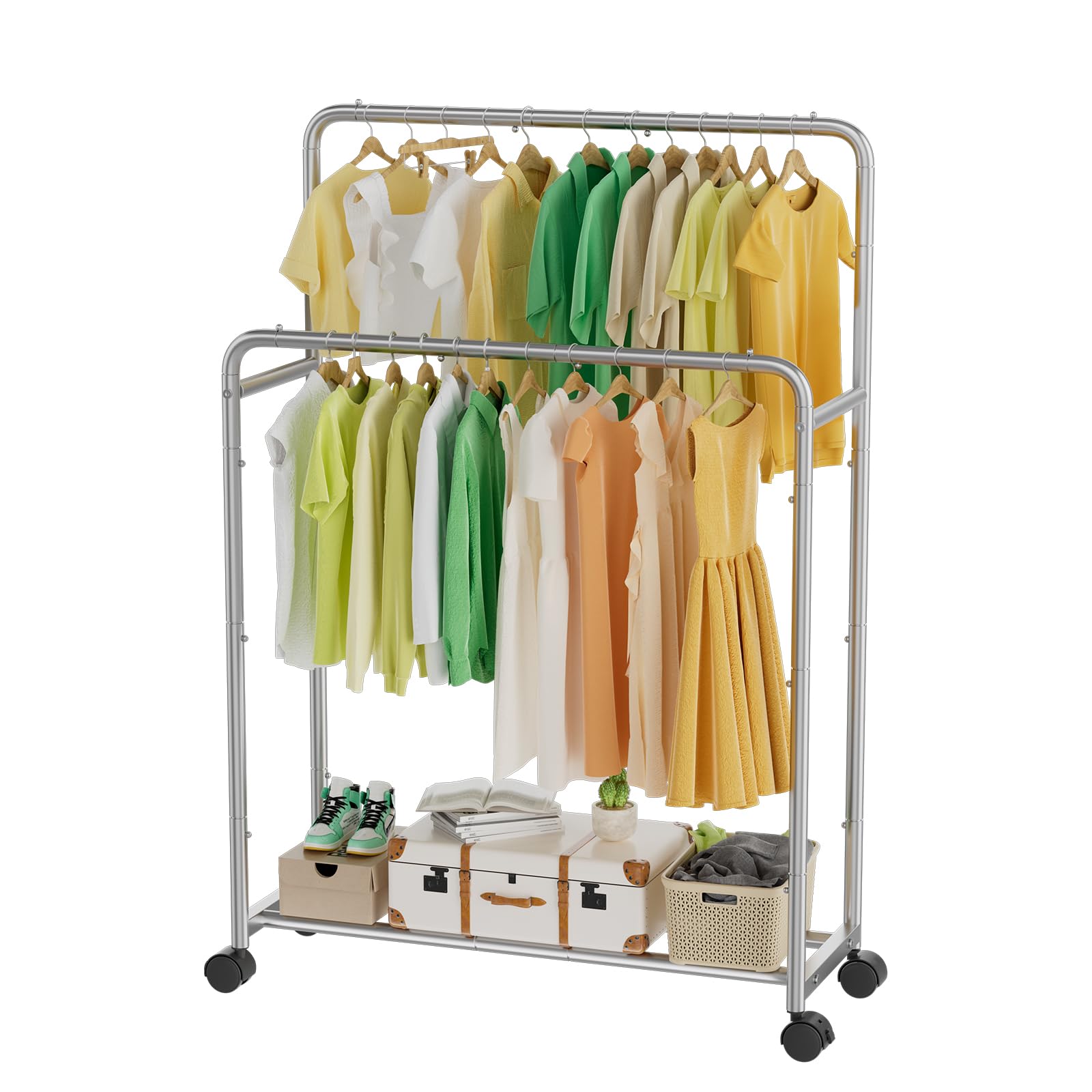 Simple Trending Clothing Clothes Rack Double Rods with Wheels, Rolling Metal Garment Rack for Hanging, Silver