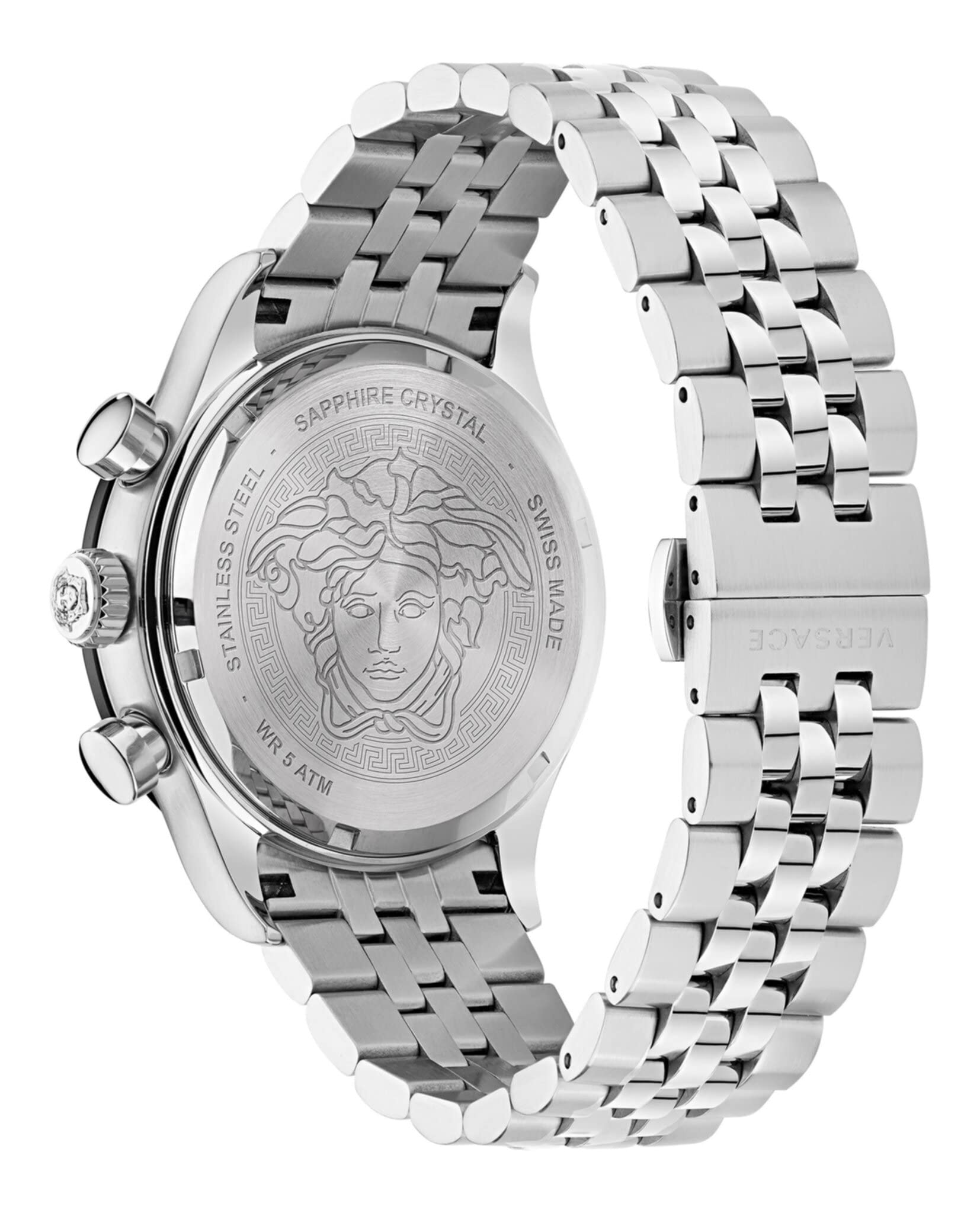 Versace Hellenyium Chrono Collection Luxury Mens Watch Timepieces with a Silver Bracelet Featuring a Stainless Steel Case and a Black Dial
