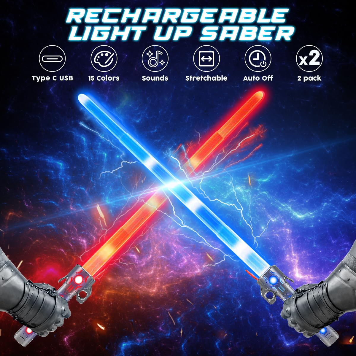 VATOS Wiederaufladbare Lichtschwerter 2er Set für Kinder, 2-in-1 Retractable LED Laserschwert mit 15 Farben & Dynamischem Sound, für Kostüm Cosplay Geburtstagsgeschenk und Rollenspiel 2