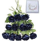 LVEFIT Artificial Rose Flower Artificial Flowers Flower with Long Stem Silk Roses Bouquet for Wedding Bridal Shower Party Home Decoration (Navy Blue, 12 Pcs)