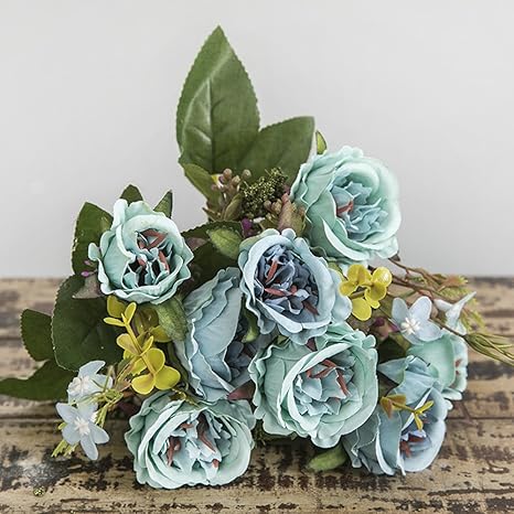Amazon 造花 インテリア 花束 ミニローズ マリア薔薇 28ｃｍ 3本セット 枯れない花 アートフラワー 母の日プレゼント お祝い 結婚式 誕生日 ブルー 造花 オンライン通販